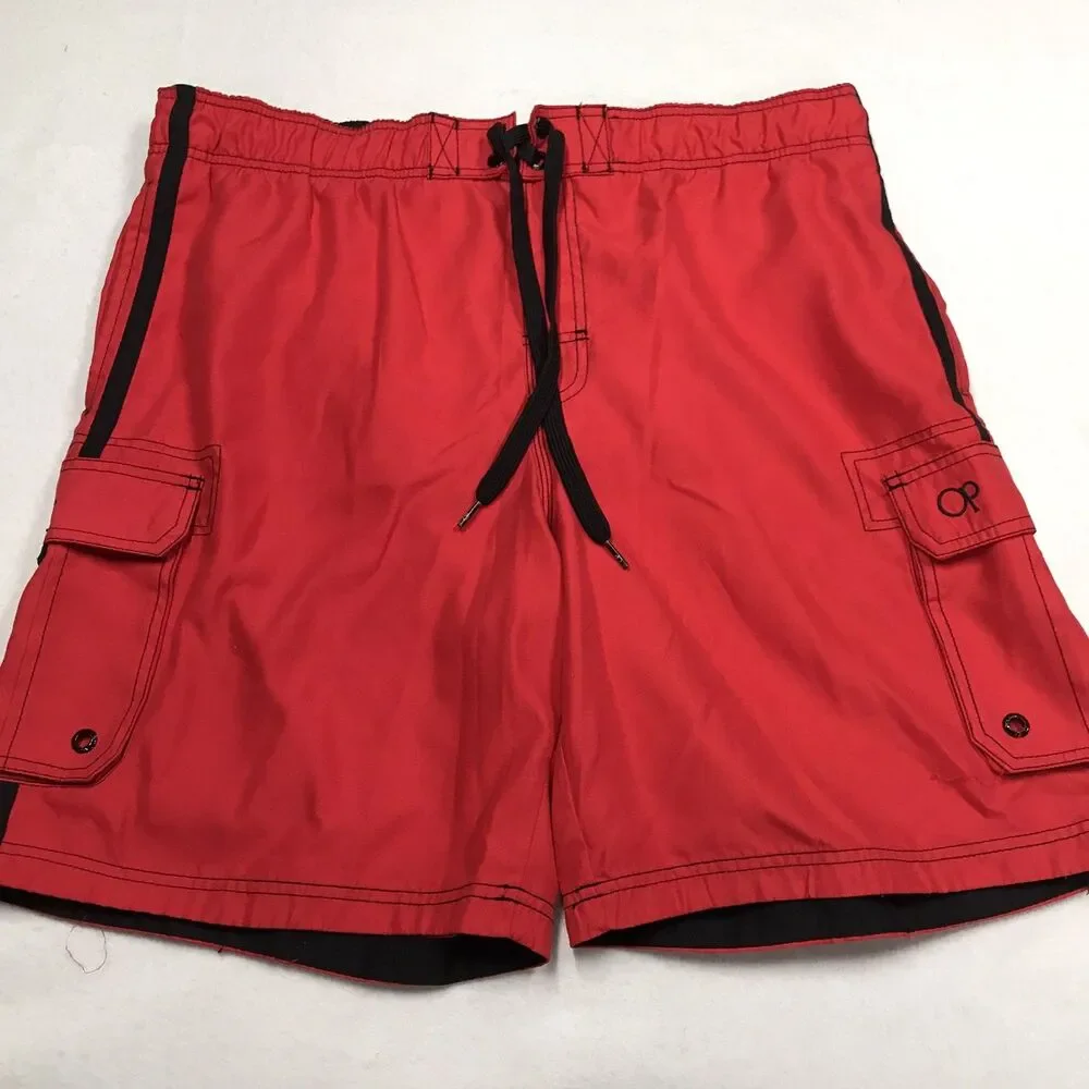 Vintage OP OCEAN PACIFIC Cargo Board Swim Trunks Men L 36W Red Mesh Lined